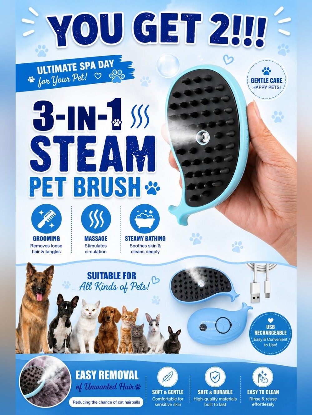 Set Of 2 Pet Steam Massager 3 In 1 Grooming Soft Silicone Brush
